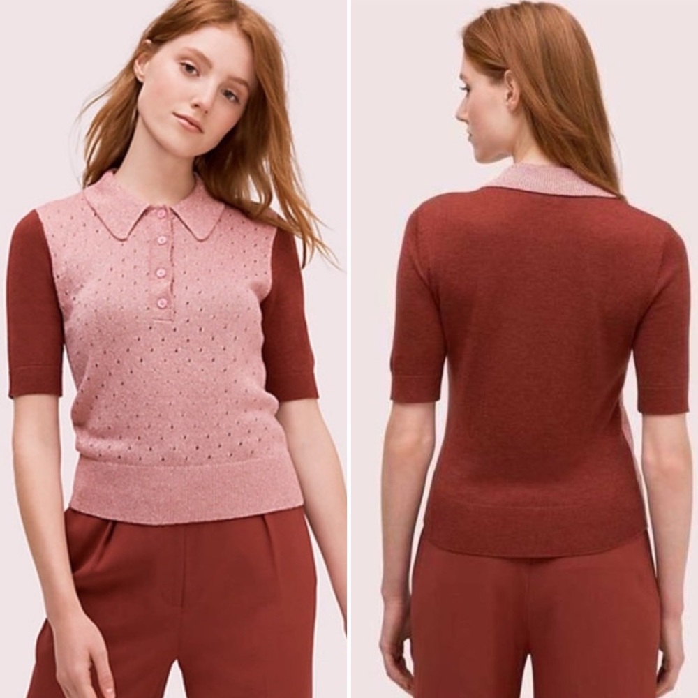 Kate Spade Metallic Textured Polo Sweater Rose Glaze Collar Color Block Large